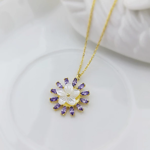 Vaoov 925 Ayar Gümüş Mor Taşlı Çiçek Kolye - Resim 2