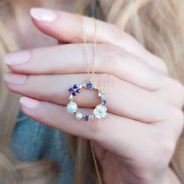 Vaoov 925 Ayar Gümüş Lacivert Taşlı İncili Çiçek Kolye - Resim 2