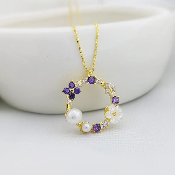 Vaoov 925 Ayar Gümüş Lacivert Taşlı İncili Çiçek Kolye ürün görseli