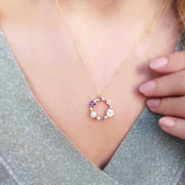 Vaoov 925 Ayar Gümüş Lacivert Taşlı İncili Çiçek Kolye - Resim 4