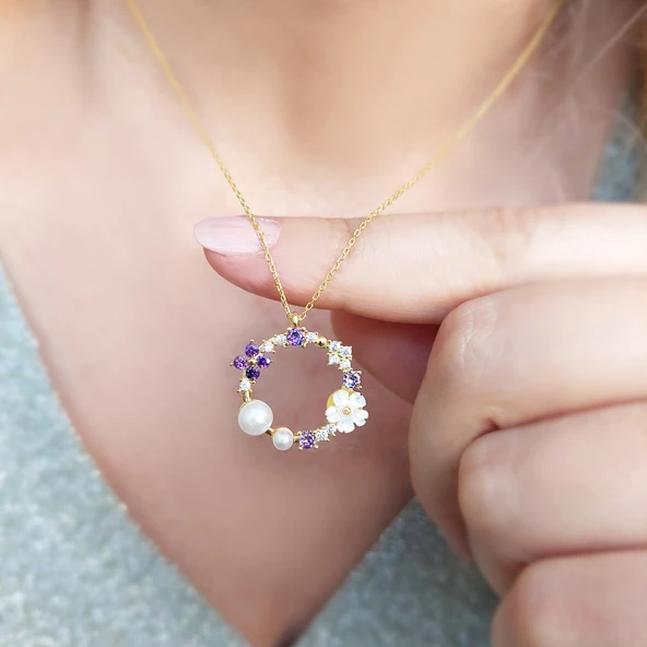 Vaoov 925 Ayar Gümüş Lacivert Taşlı İncili Çiçek Kolye - Resim 3