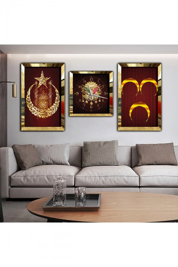OSMANLI TUĞRASI AYNALI GOLD PLEKSİ ÇERÇEVELİ MDF TABLO VE SAAT SETİ