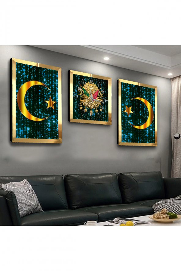 OSMANLI TUĞRASI PLEKSİ KENAR 3LÜ MDF TABLO VE SAAT SETİ