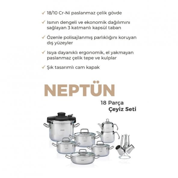 Acar Karat Neptün 18 Parça Çelik Çeyiz Seti Silver 017160/1 - Resim 3