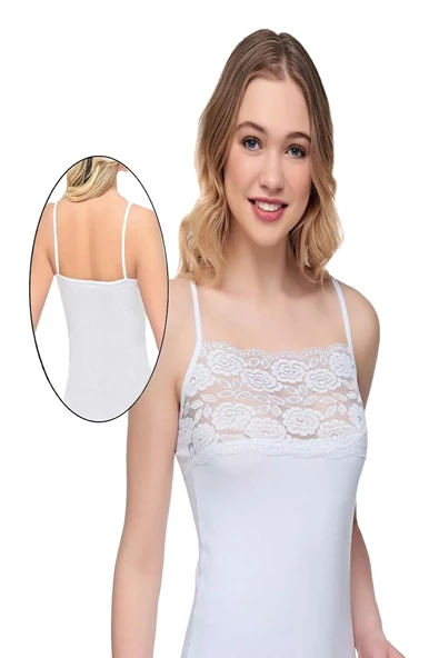 Alışveriş Meydanı Kadın Beyaz İnce Askılı Likralı Geniş Dantelli Atlet