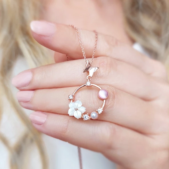 Vaoov 925 Ayar Gümüş Sedef Çiçekli Taşlı Kelebek Kolye - Resim 3