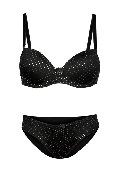 Alışveriş Meydanı Kadın Siyah Puantiyeli Dantelli Destekli Dolgulu Sütyen ve Külot Takımı