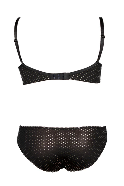 Alışveriş Meydanı Kadın Siyah Puantiyeli Dantelli Destekli Dolgulu Sütyen ve Külot Takımı - 2