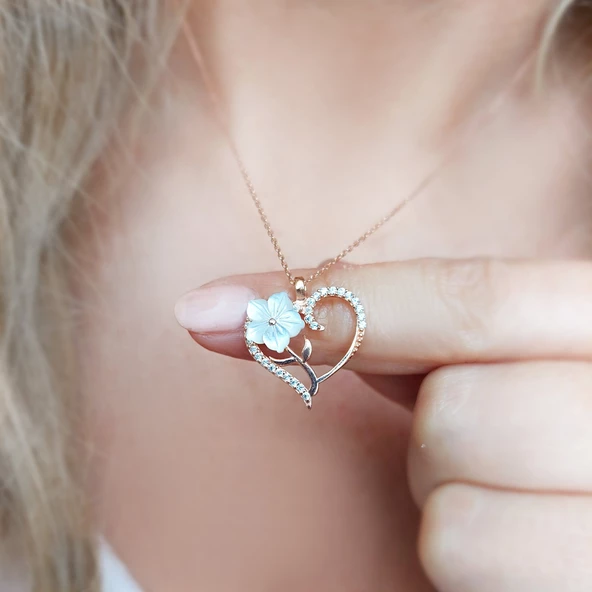 Vaoov 925 Ayar Gümüş Sedef Çiçekli Kalp Kolye - Resim 4