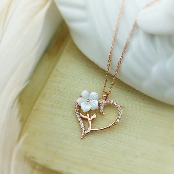 Vaoov 925 Ayar Gümüş Sedef Çiçekli Kalp Kolye - Resim 2
