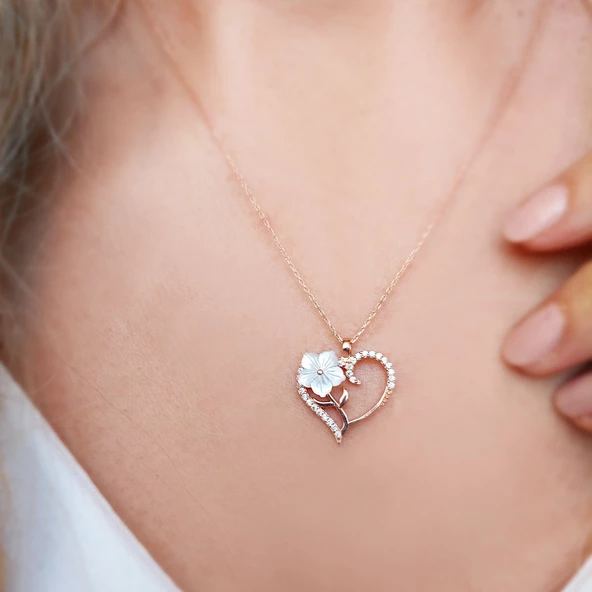 Vaoov 925 Ayar Gümüş Sedef Çiçekli Kalp Kolye - Resim 3