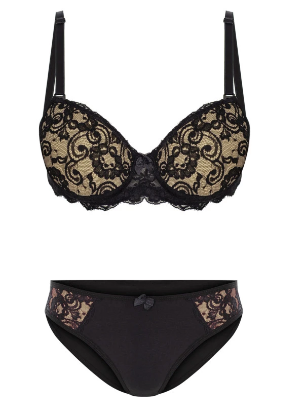 Alışveriş Meydanı Kadın Siyah Ten Dantelli Desteksiz Dolgusuz Sütyen ve Külot Takımı ürün görseli 1