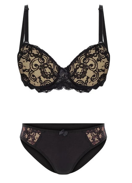 Alışveriş Meydanı Kadın Siyah Ten Dantelli Destekli Dolgulu Sütyen ve Külot Takımı ürün görseli 1