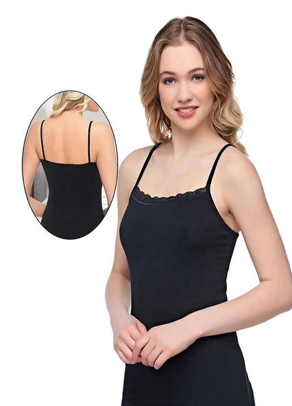 Alışveriş Meydanı Kadın Siyah İnce Askılı Likralı Dantelli Atlet