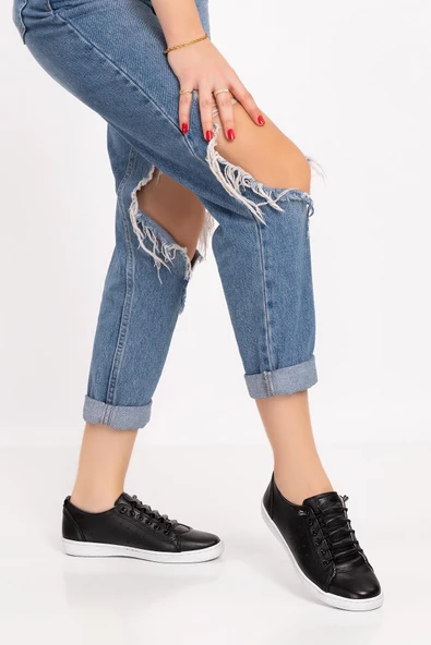 Kadın Hakiki Deri Ortopedik Siyah Sneaker Ayakkabı - Resim 2