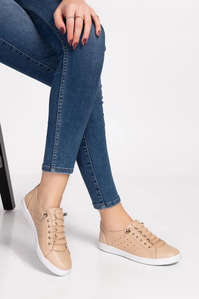 Kadın Hakiki Deri Ortopedik Bej Sneaker Ayakkabı - Resim 3