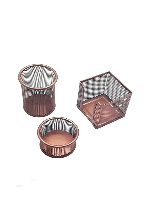 Mas Masa Seti Ataşlık-Kağıtlık-Kalemlik 3 Lü Metal Perforeli Rose Gold Masa Seti