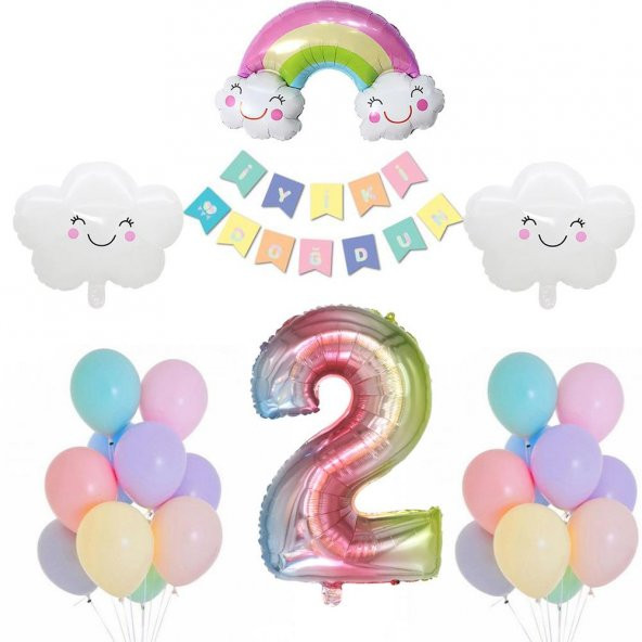 Gökkuşağı Bulut Konsepti 2 Yaş Doğum Günü Parti Kutlama Seti
