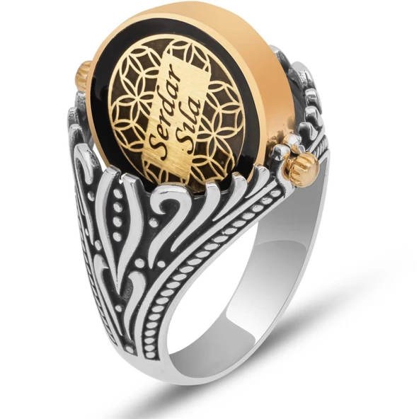 Çift Taraflı Mineli İsimli 925 Gümüş Erkek Yüzük - 5