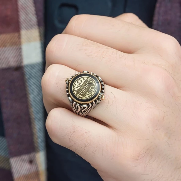 Çift Taraflı Mineli İsimli 925 Gümüş Erkek Yüzük - 10