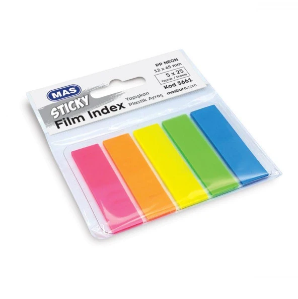 Mas Film Index 12mm X 45 Mm 5 X 25 Cm Sayfa Pp 5 Renk Yapışkanlı Plastik Ayraç