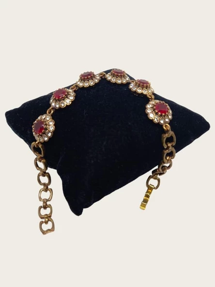 Taşlı Pirinç Bileklik - Kırmızı Renk - Boy 20 cm - 2