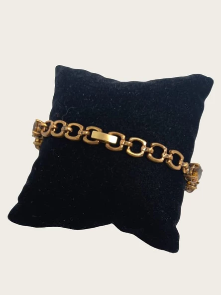 Taşlı Pirinç Bileklik - Bal Rengi - Boy 20 cm - 4