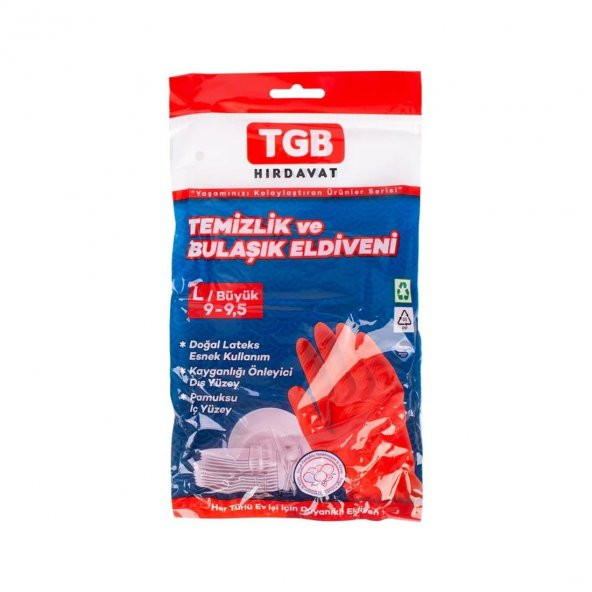 TGB Mutfak Bulaşık Temizlik Ev İş Eldiveni - Kırmızı - No: 9 / Large - 1 Çift Paket
