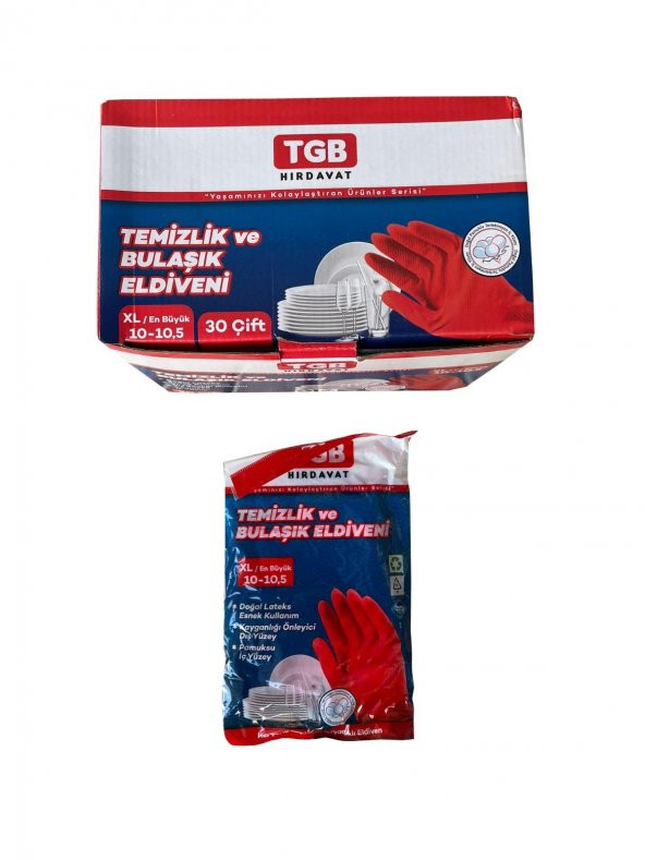 TGB Mutfak Bulaşık Temizlik Ev İş Eldiveni - Kırmızı - No: 9 / Large - 1 Çift Paket - 2