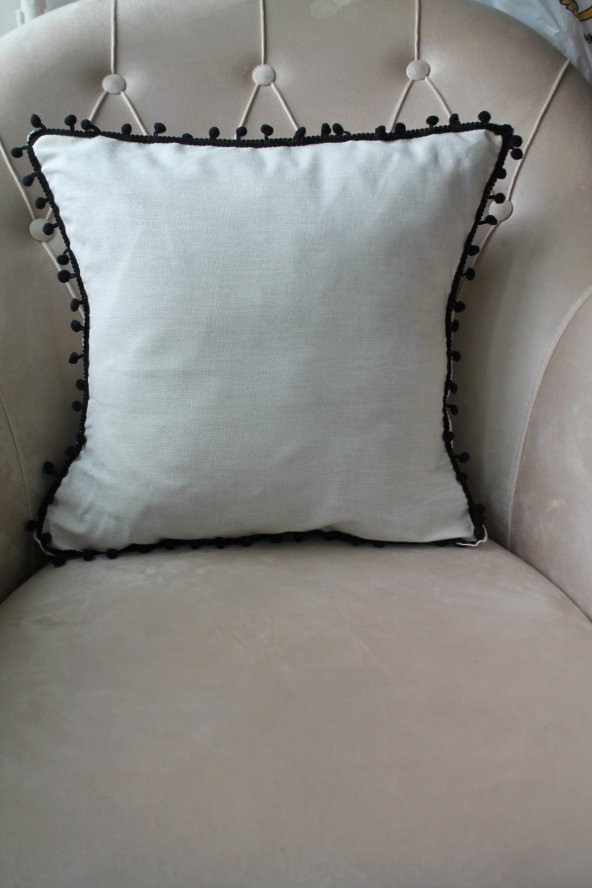 2 Adet Siyah Ponponlu Krem Kırlent Kılıfı 42x42cm - 2