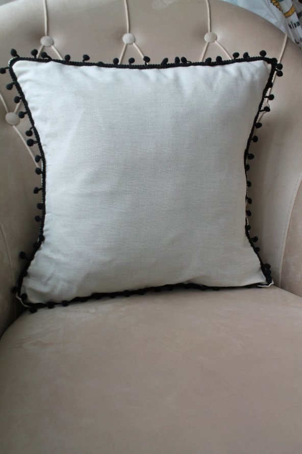 2 Adet Siyah Ponponlu Krem Kırlent Kılıfı 42x42cm - 3