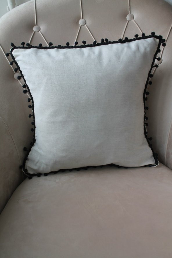 2 Adet Siyah Ponponlu Krem Kırlent Kılıfı 42x42cm - 4