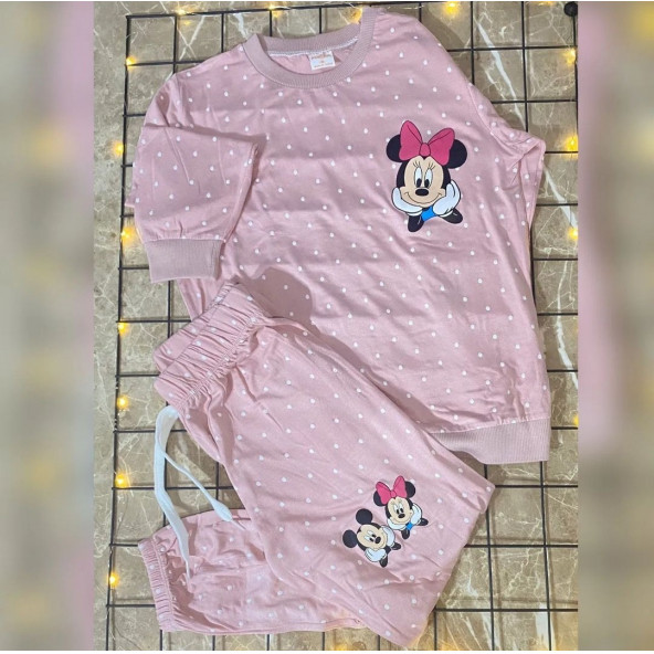 Kız Çocuk Benekli Minnie Mouse Ferah Kumaşıyla Alt-üst Takım