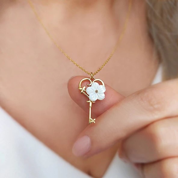 Vaoov 925 Ayar Gümüş Sedef Çiçekli Anahtar Kolye - Resim 4