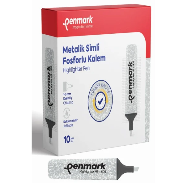 Penmark Fosforlu Kalem Metalik Simli Gümüş 1-5 MM Kesik Uçlu İşaretleme Kalemi (10 Lu Paket)