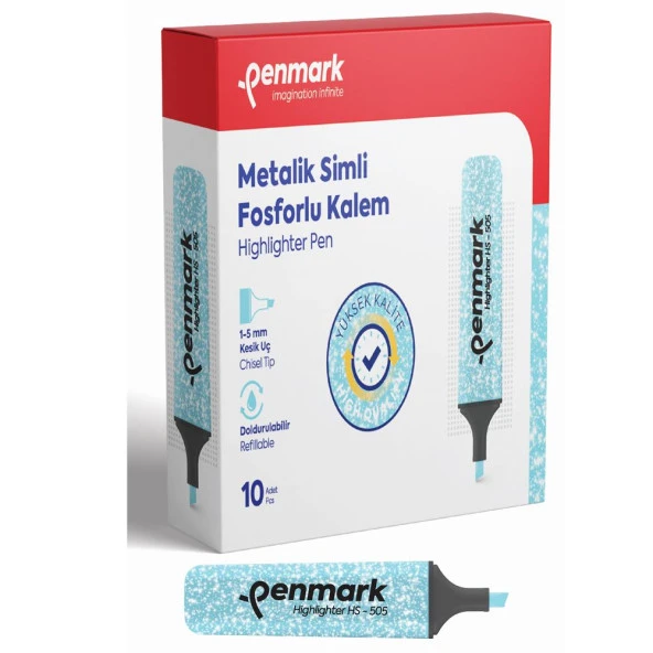 Penmark Fosforlu Kalem Metalik Simli Açık Mavi 1-5 MM Kesik Uçlu İşaretleme Kalemi (10 Lu Paket)