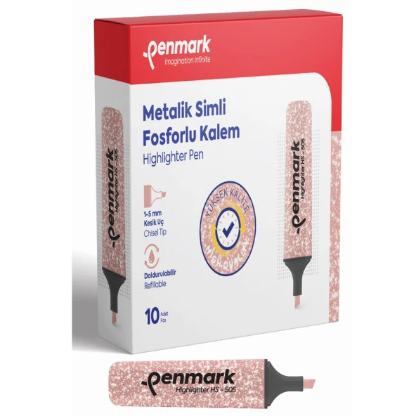 Penmark Fosforlu Kalem Metalik Simli Bronz 1-5 MM Kesik Uçlu İşaretleme Kalemi (10 Lu Paket)