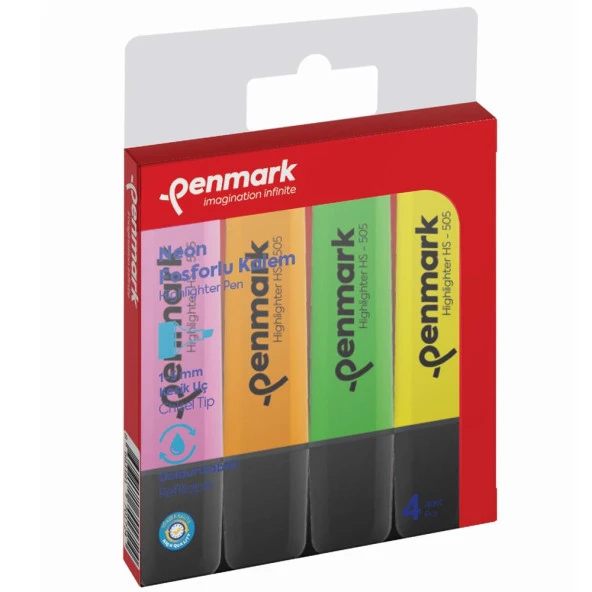 Penmark Fosforlu Kalem 4 Lü Karışık Renk Neon İşaretleme Kalemi (24 Adet 4 Lü Paket)