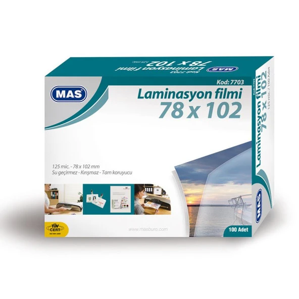 Mas Laminasyon Filmi Parlak 78 x 102 mm 125 Micron 100 Lü Paket
