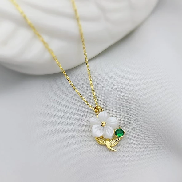Vaoov 925 Ayar Gümüş Yeşil Taşlı Çiçekli Bayan Kolye - Resim 2