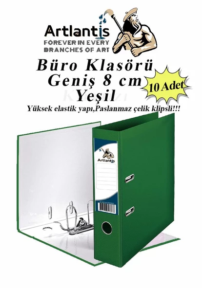 Büro Klasörü Yeşil Geniş 10 Adet Plastik Geniş Yeşil Klasör Halkalı Paslanmaz Çelik Klipsli 10 Adet
