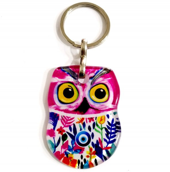 Pembe Renkli Füzyon Cam Malzemeden Hediye Kutusunda Baykuş Anahtarlık - 2