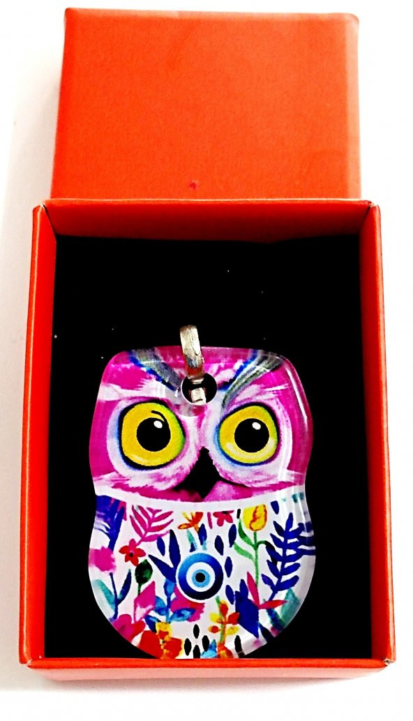Pembe Renkli Füzyon Cam Malzemeden Hediye Kutusunda Baykuş Anahtarlık - 3