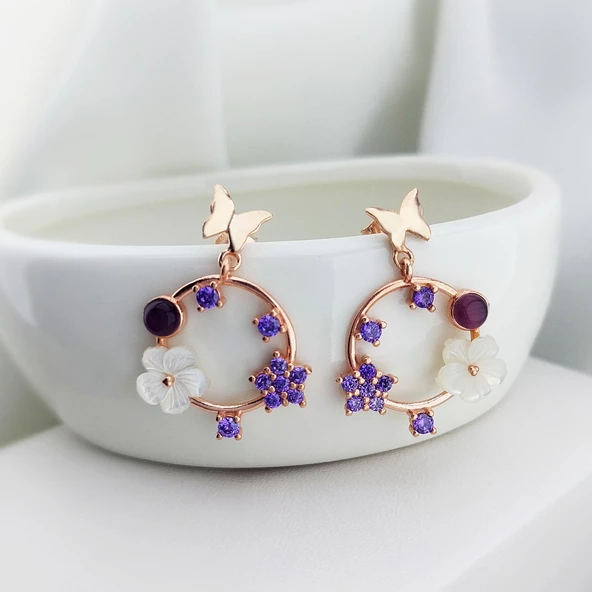 Vaoov 925 Ayar Gümüş Mor Taşlı Sedef Çiçekli Kelebek Küpe ürün görseli 1