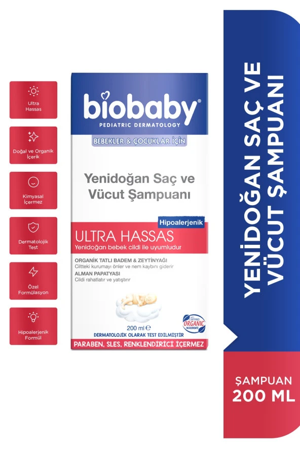 Biobaby Yenidoğan Saç Ve Vücut Şampuanı 200 ml - Alman Papatyası, Organik Tatlı Badem Yağı, Zeytinyağı