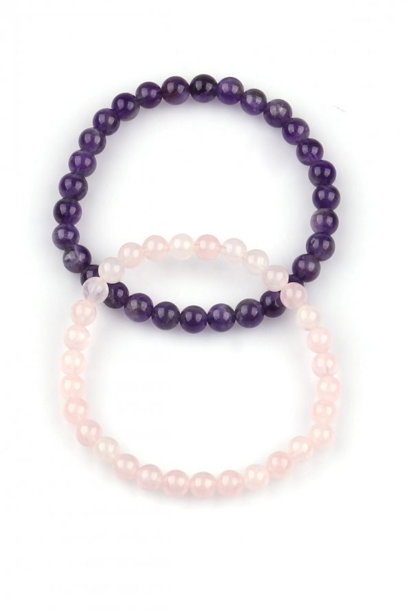 Ametist - Pembe Kuvars Doğal Taş Bileklik 6 mm 2li Set - 1