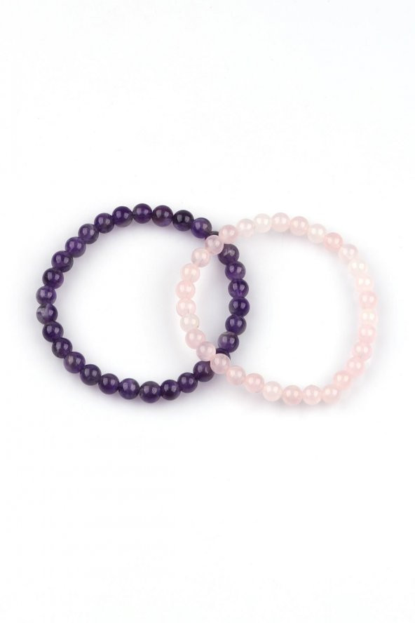 Ametist - Pembe Kuvars Doğal Taş Bileklik 6 mm 2li Set - 2