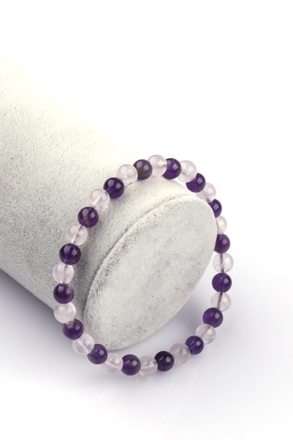 Ametist - Pembe Kuvars Doğal Taş Bileklik 6 mm Küre Kesim ürün görseli