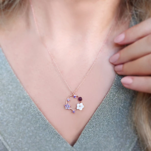 Vaoov 925 Ayar Gümüş Mor Taşlı Sedef Çiçekli Kolye - Resim 3