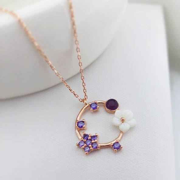 Vaoov 925 Ayar Gümüş Mor Taşlı Sedef Çiçekli Kolye ürün görseli